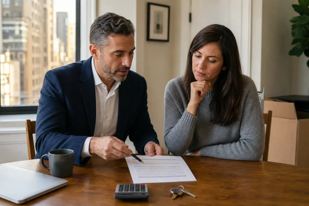 NYC buyers reviewing closing documents with a real-estate attorney